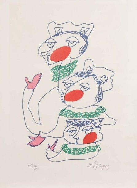 Charles Lapicque (1898-1988) (d'après)

Trois personnages au nez rouge. Vers 1980. Lithographie d'après un dessin de l'artiste. 341 x 445. Impression en couleurs. Belle épreuve sur vélin blanc, justifiée et signée au crayon. Courts plis cassés. Petites traces de colle oxydées dans les angles au verso. Toutes marges