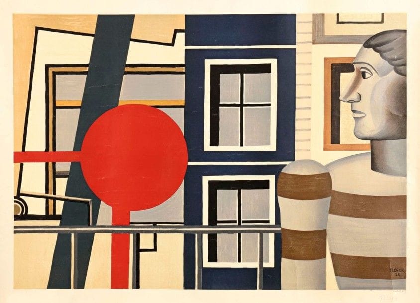 Fernand Léger (1881-1955) (d'après)

L'Homme au chandail. 1956. Lithographie par Mourlot (d'après un tableau de 1924, collections Léonce Rosenberg et Louis Carré). 915 x 647. Belle épreuve sur vélin, numérotée au crayon. Nombreux courts plis cassés. Courtes déchirures et petits trous en tête. Toutes marges. Pl. réalisée pour l'exposition de l'artiste au Musée des Arts décoratifs de Paris