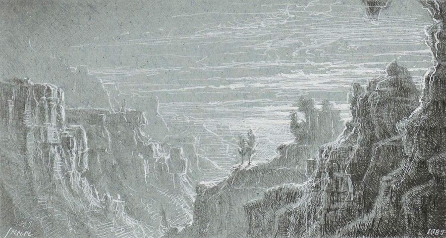 Jean-Michel MATHIEUX-MARIE (né en 1947)

Paysage montagneux. 1989. Pointe sèche. 120 x 65. Très belle épreuve sur vergé azuré, sans marges, largement rehaussée à la gouache blanche à l'imitation du dessin, signée et datée