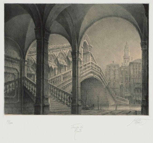 Jean-Michel MATHIEUX-MARIE (né en 1947)

Vues de Venise: San Marco; Venise IV, l'arsenal; Venise VII, Rialto. Pointe sèche. Formats divers. Impression en bleu. Parfaites épreuves sur japon mince appliqué, numérotées, titrées et signées au crayon, la 2e en deux épreuves d'états. Toutes marges. Ens. 4 p