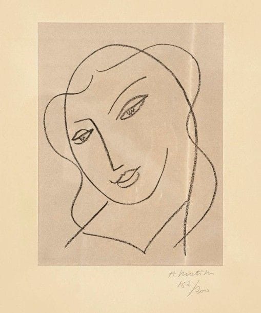 Henri MATISSE (1869-1954)

Étude pour la Vierge «Tête voilée». Vers 1950. Lithographie. 235 x 280. Duthuit-Garnaud 640. Bonne épreuve sur chine applique (ce dernier très oxydé), signée et numérotée au crayon sur le support (lui-même oxydé). Quelques rousseurs claires. Marges. Tirage à 200 épreuves. Cadre