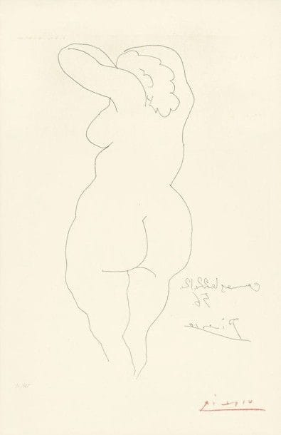 Pablo Picasso (1881-1973)

Femme vue de dos. Pl. pour Jean Cocteau, Témoignage, P. Bertrand éd., 1956. Eau-forte. 280 x 370. Bloch 822; Cramer 80. Belle épreuve sur vélin, légèrement oxydée, numérotée au crayon et signée au crayon rouge. Marges (oxydées sous le passe-partout). Tirage à 125 épreuves. Cadre