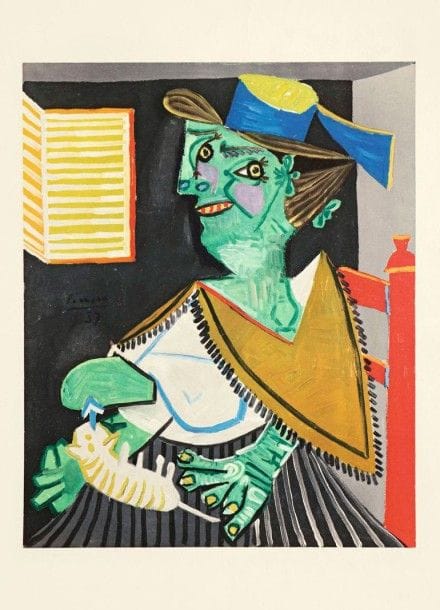 Pablo PICASSO (1881-1973) (d'après)

Sujets divers: Femme cubiste au chat (d'après une toile de 1937); Femmes sculpturales. Photolithographie. Formats divers. Impression en couleurs. Belles épreuves. Joint: reproduction d'une affiche avant lettre. Ens. 5 p
