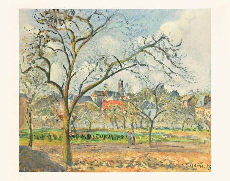 D'après Camille PISSARRO
Paysage d'Éragny. Collotype et pochoir. 555 x 460. Impression en couleurs. Très belle épreuve sur vélin, numérotée au crayon. Justificatif de tirage imprimé des éditions Spitzer dans l'angle inférieur gauche au verso. Toutes marges. Tirage à 350 épreuves