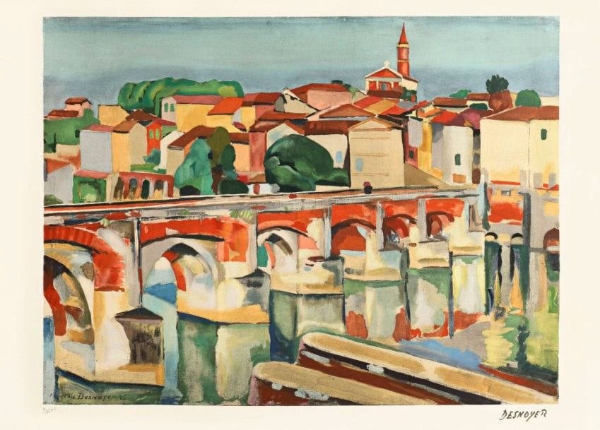 D'après François Desnoyer
Le Pont d'Albi. Collotype et pochoir. 733 x 553. Impression en couleurs. Très belle épreuve sur vélin, l'une des 15 épreuves d'artiste, exceptionnellement signée au feutre noir par l'artiste, numérotée au crayon et justifiée «H.C.». Justificatif de tirage imprimé des éditions Spitzer dans l'angle inférieur gauche au verso. Quelques plis cassés et courte déchirure consolidée par de l'adhésif en marge supérieure. Toutes marges