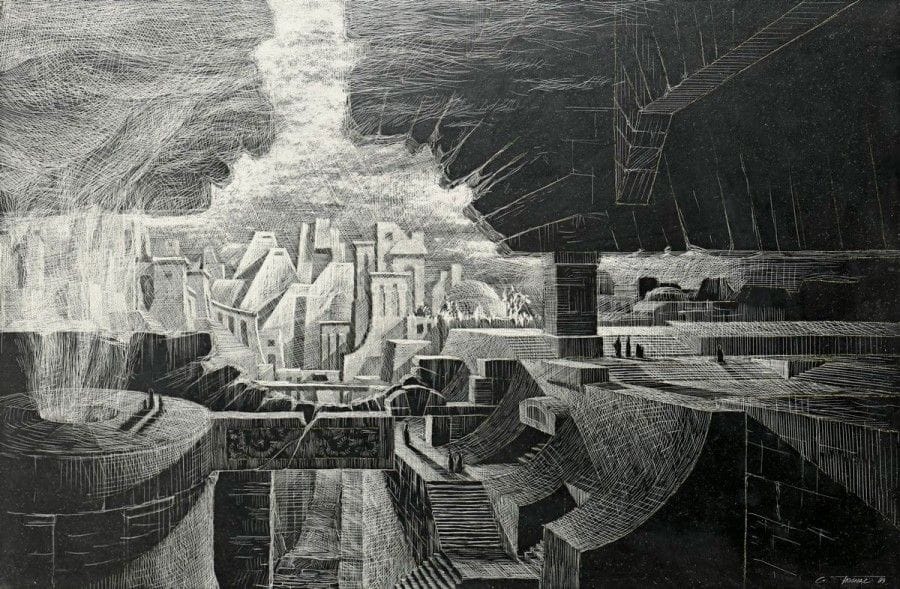 Gérard Trignac (né en 1955)

Ville imaginaire. 1989. Dessin gravé sur carte à gratter noire. 298 x 205. Signé et daté en bas à droite. Cadre