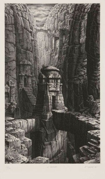 Gérard Trignac (né en 1955)

Le Sanctuaire. 1997. Eau-forte. 260 x 435. Très belle épreuve sur vergé de Montval, numérotée, titrée, signée et datée au crayon. Traces de plis. Toutes marges. Tirage à 100 épreuves