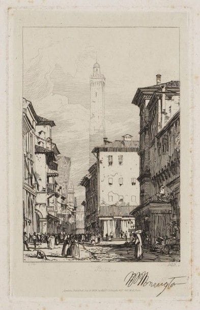 Richard Parkes BONINGTON (1802-1828)

Bologna. 1826-1827. Eau-forte. 134 x 215. Curtis 62. Très belle épreuve sur chine appliqué, du 2e état (sur 7), avant suppression de la signature en marge. Nombreuses rousseurs claires. Infime pli cassé dans l'angle inférieur droit. Belles marges. Ex-coll. H.-M. Petiet