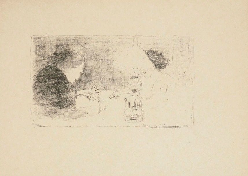 Pierre BONNARD (1867-1947)

Étude, ou La partie de cartes sous la lampe. 1895. Lithographie. 240 x 130. Bouvet 35; A. et A. Bonafous-Murat, Maurice Dumont et L'Épreuve, 283. Très belle épreuve sur vélin glacé crème, du tirage à 225 épreuves pour L'Épreuve, album d'art, numérotée au composteur au verso. Toutes marges