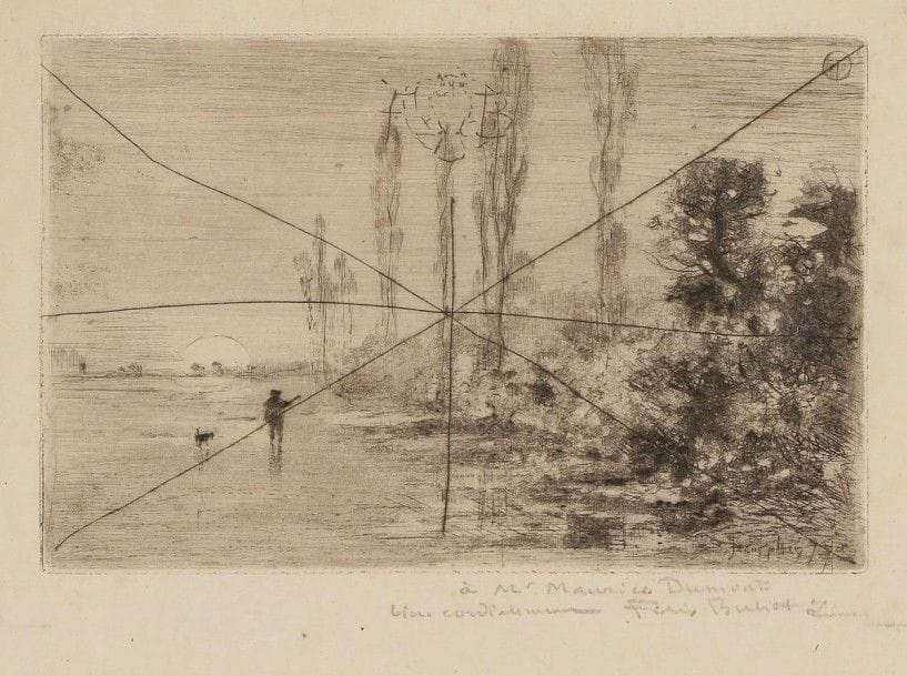 Félix BUHOT (1847-1898)

Une matinée d'automne, ou Le Chasseur matinal. (1875?). Eau-forte. 168 x 110. Bourcard-Goodfriend 71. Épreuve sur japon vergé mince, tirée sur le cuivre rayé, avec le monogramme au hibou gravé au centre en tête, dédicacée au crayon: «à Mr Maurice Dumont / bien cordialement / Félix Buhot». Bonnes marges. Joint: Le Soir. Eau-forte d'après Corot. 180 x 137. Bourcard-Goodfriend 9. Très belle épreuve sur japon vergé mince, du 4e état (sur 5 selon Bourcard), avant réduction du cuivre, et avant modification de la lettre, et épreuve sur vergé, de l'état définitif, la lettre non encrée, revêtue d'annotations marginales au crayon de la main de l'artiste à l'intention de l'imprimeur. Bonnes marges. Ens. 3 p