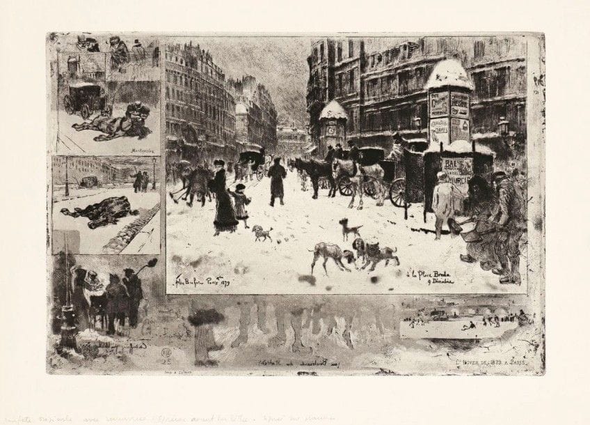 Félix BUHOT (1847-1898)

L'Hiver à Paris ou La Neige à Paris. 1879. Eau-forte, pointe sèche, roulette et aquatinte. 343 x 237. Bourcard, Goodfriend 128. Très belle épreuve tirée à l'effet et chargée de barbes, sur vergé, du tirage de L'Art, soigneusement lavée. Belles marges. Joint: Félix Bracquemond. Vue du Pont des Saints-Pères. 1877. Eau-forte. 245 x 195. Beraldi 217; I.F.F. 378. Très belle épreuve sur vergé, du tirage de L'Art.  Toutes marges. Ens. 2 p