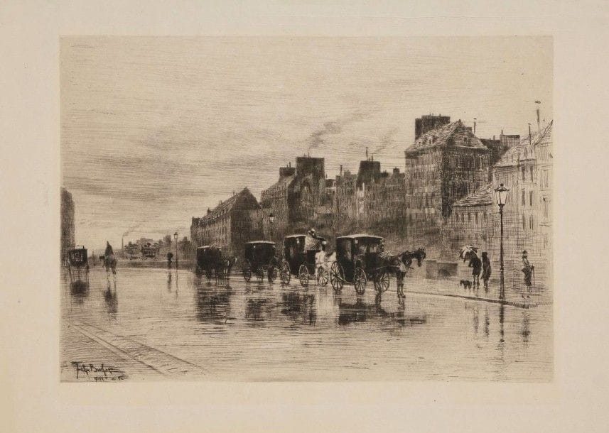 Félix BUHOT (1847-1898)

Une matinée d'hiver, quai de l'Hôtel-Dieu, ou Les Fiacres. Eau-forte et pointe sèche. 315 x 238. Bourcard-Goodfriend 123. Très belle et fraîche épreuve sur japon vergé mince, chargée de barbes, du 2e état (sur 15), avec le réverbère mais avant le titre gravé et les numéros, antérieure au tirage Cadart. Toutes marges