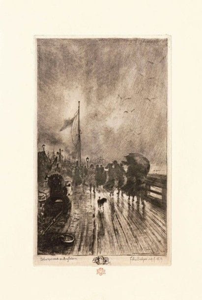 Félix BUHOT (1847-1898)

Un débarquement en Angleterre. 1879. Eau-forte, pointe sèche et aquatinte. 176 x 298. Bourcard, Goodfriend 130. Très belle épreuve sur vergé, timbrée (Lugt 977). Auréoles claires d'humidité et fine bande d'oxydation en pied et aux bords du feuillet. Petit arrachement dans l'angle inférieur gauche. Toutes marges