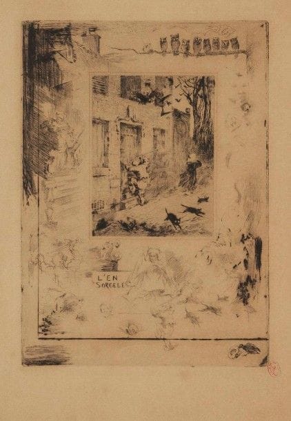 Félix BUHOT (1847-1898)

La Maison maudite. Pl. pour Barbey d'Aurevilly, L'Ensorcelée. Eau-forte, pointe sèche et roulette. 180 x 249. Bourcard-Goodfriend 117. Superbe épreuve sur papier essencé, du 2e état (sur 3) selon Goodfriend, non décrit par Bourcard, avant réduction du cuivre. Quelques rousseurs et salissures marginales. Petits arrachements dans les angles droits du feuillet. Belles marges. Rare. Ex-coll. Forgues (L. 743a) et H.-M. Petiet