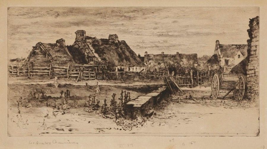 Félix BUHOT (1847-1898)

Les Grandes chaumières. 1881. Eau-forte et pointe sèche. 274 x 140. Bourcard-Goodfriend 150. Très belle épreuve sur vergé mince chamois, du 4e état (sur 5), avant de nouveaux travaux. Petites amincissures inhérentes à la texture du papier. Petit manque au bord du feuillet en pied et courts plis dans les angles gauches. Petites marges. Ex-coll. H.-M. Petiet