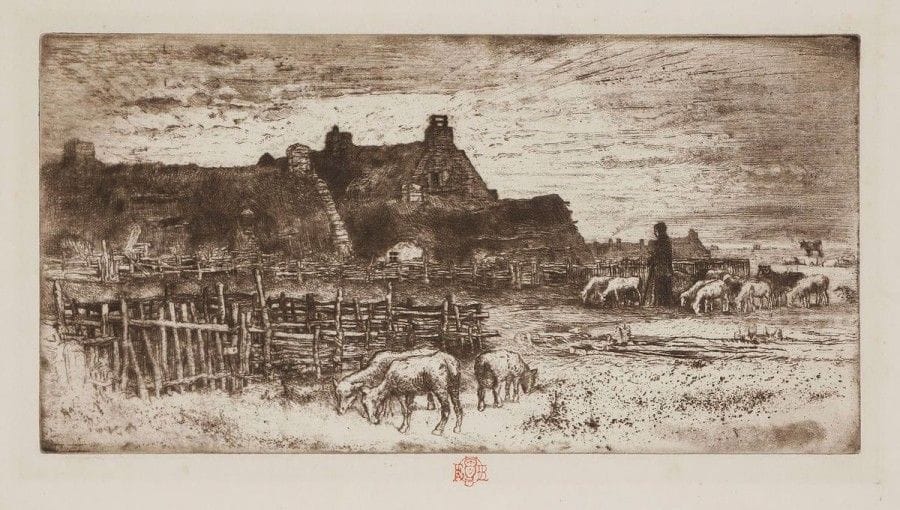 Félix BUHOT (1847-1898)

Les Bergeries, soleil couchant. 1881. Eau-forte, pointe sèche et aquatinte. 270 x 135. Bourcard-Goodfriend 151. Très belle épreuve sur japon vergé mince, timbrée (Lugt 977). Petite fracture dans l'angle supérieur gauche. Minuscules amincissures ou trous inhérents au papier. Toutes marges. Ex-coll. P.W. van Doorne (Lugt non décrit)