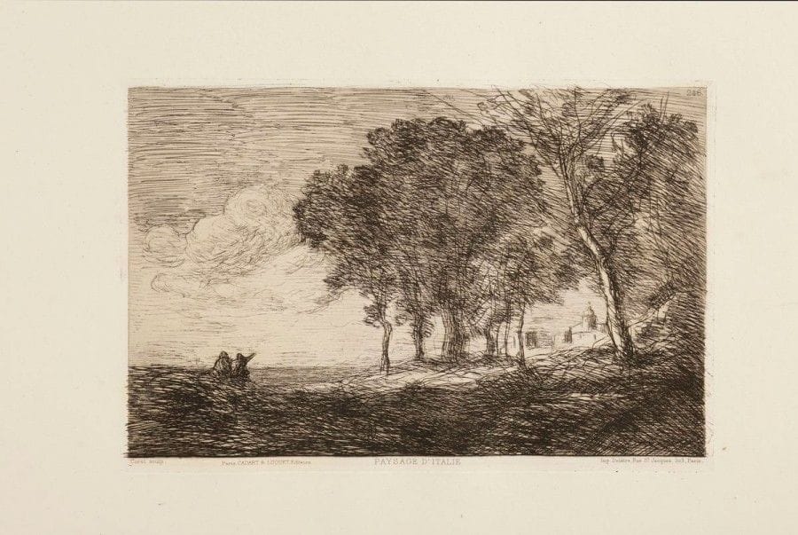 Jean-Baptiste-Camille COROT (1796-1875)

Paysage d'Italie. Vers 1865. Eau-forte. 159 x 237. Delteil 7. Très belle épreuve sur vergé fort, du 2e état (sur 3), avant effaçage de l'adresse de Cadart et Luquet. Fine bande d'oxydation aux bords du feuillet. Toutes marges. Timbre sec: Cadart et Luquet (Lugt 424)