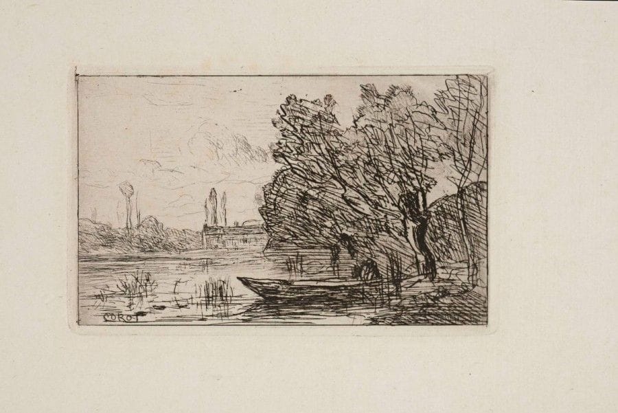 Jean-Baptiste-Camille COROT (1796-1875)

Ville d'Avray, le bateau sous les saules. Eau-forte. 128 x 80. Delteil 2. Très belle épreuve sur chine collé sur vélin fort. En pied du support, annotation au crayon: «Echangé avec M. Michelin». Toutes marges