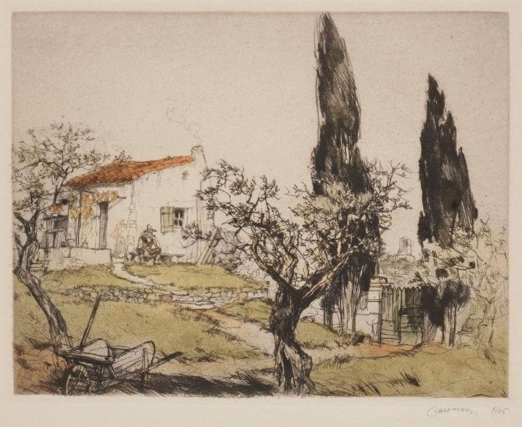 Armand Coussens (1881-1935)

Le Jardin au cyprès. Eau-forte, pointe sèche et vernis mou. 320 x 250. Impression en couleurs. Très belle épreuve sur japon, signée et numérotée au crayon. Légères traces de plis marginales. Toutes marges. Tirage à 25 épreuves. Ex-coll. H.-M. Petiet. Joint: Le Port de Sète. Eau-forte et vernis mou. 376 x 325. Impression en couleurs. Très belle épreuve sur vélin fort. Légère oxydation du feuillet. Toutes marges. Ens. 2 p