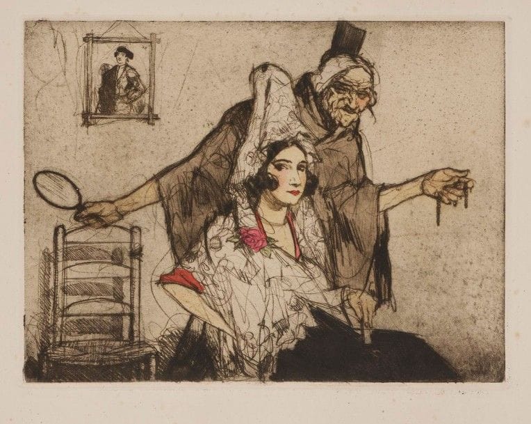 Armand Coussens (1881-1935)

La Mauvaise conseillère. 1921. Vernis mou. 324 x 250. Impression en couleurs. Très belle épreuve sur vélin crème fort, non signée. Rousseurs éparses. Toutes marges non ébarbées. Ex-coll. H.-M. Petiet
