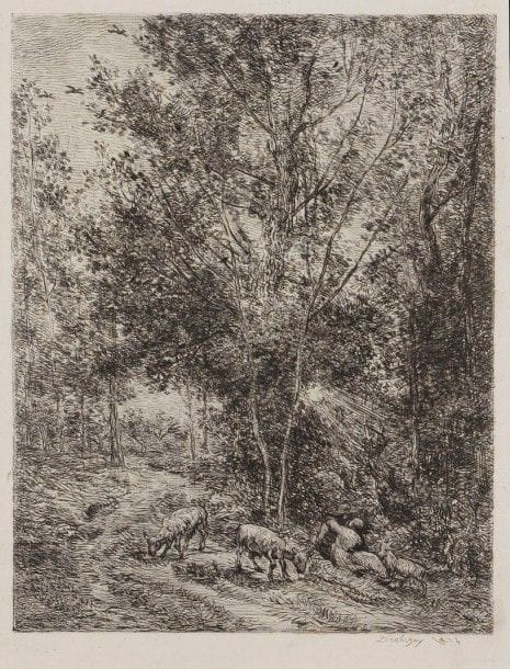 Charles-François DAUBIGNY (1817-1878)

Le Berger et la bergère. 1874. Eau-forte. 220 x 290. Delteil 122. Très belles épreuves du 1er et du 5e état (sur 8), avant divers travaux, respectivement sur chine appliqué et sur vergé. Rousseurs claires et léger empoussiérage. Un petit trou en pied à la 2e. Toutes marges. Ex-coll. M. Mirault (Lugt 1892a) pour la 1re et H.-M. Petiet. Ens. 2 p