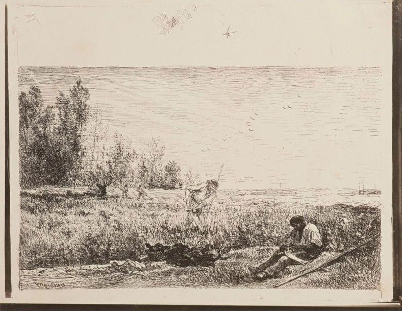 Charles-François DAUBIGNY (1817-1878)

La Fenaison. Cliché-verre. 383 x 300. Delteil 142. Très belle épreuve d'essai du tirage effectué pour Maurice Le Garrec en 1921, timbrée (Lugt 1766a), annotée et paraphée par J.-C. Romand au crayon au verso. Toutes marges
