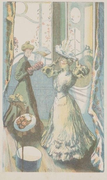 Maurice Delcourt (1877-1916)

Modiste. Vers 1900. Bois gravé. 213 x 352. I.F.F. 6. Impression en couleurs. Très belle épreuve sur japon ancien, ni numérotée ni signée. Rousseurs claires éparses. Toutes marges. Tirage définitif à 50 épreuves pour L'Estampe nouvelle