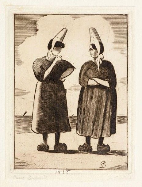 Pierre DUBREUIL (1891-1970)

Deux Pêcheurs. 1927; Deux Bretonnes. 1928. Burin. 115 x 90 et 90 x 120. Belles épreuves signées au crayon et annotées (la 1re rognée dans la signature), collées par les bords sur feuillet de vélin. Marges réduites. Joint: Bigoudène et pêcheur. Bois gravé. 95 x 142. Très belle épreuve sur japon vergé mince. Toutes marges. Ens. 3 p