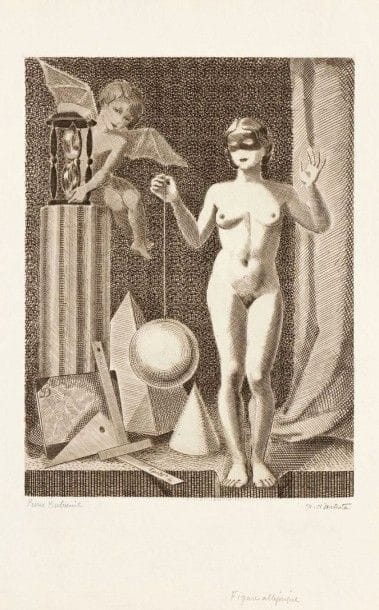Pierre DUBREUIL (1891-1970)

Figure allégorique (inspirée de la Mélancolie de Dürer). Vers 1935. Burin. 170 x 230. Très belle épreuve sur vergé ancien, signée au crayon et annotée «ep. d'artiste» puis titrée et annotée en pied «Planche perdue (très peu d'épreuves) papier ancien». Toutes marges