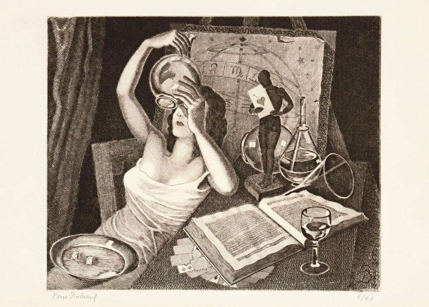 Pierre DUBREUIL (1891-1970)

L'Astronomie. 1964. Burin (d'après un tableau de 1937). 335 x 270. Très belle épreuve sur vélin, signée et numérotée au crayon. Toutes marges. Tirage à 60 épreuves