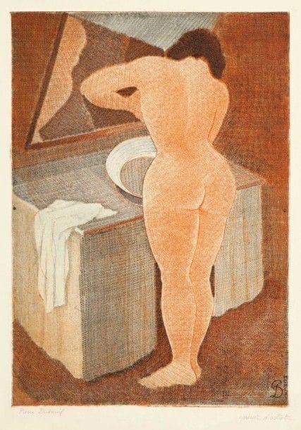 Pierre DUBREUIL (1891-1970)

Nu à la toilette. 1961. Eau-forte. 253 x 365. Impression en couleurs. Très belle épreuve sur vélin, signée au crayon et annotée «épreuve d'artiste» puis titrée en pied. Traces de plis aux bords du feuillet. Toutes marges