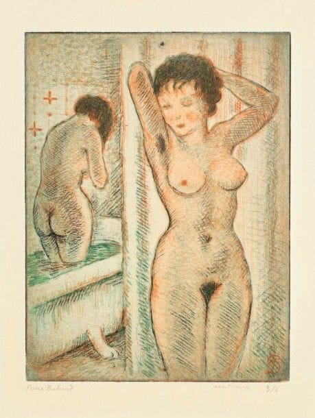 Pierre DUBREUIL (1891-1970)

Deux femmes à leur toilette. Vers 1960. Eau-forte. 177 x 237. Impression en couleurs. Très belle épreuve sur simili-japon, signée au crayon, annotée «avant aciérage» et numérotée. Toutes marges. Tirage à 6 épreuves