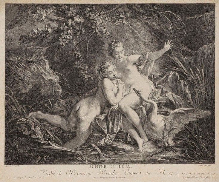 François Boucher (1703-1770) (d'après)

Jupiter et Léda. Burin par Ryland. 478 x 390. P. Jean-Richard 1539. Très belle épreuve. Nombreuses minuscules rousseurs aux bords du feuillet et léger empoussiérage. Marges étroites