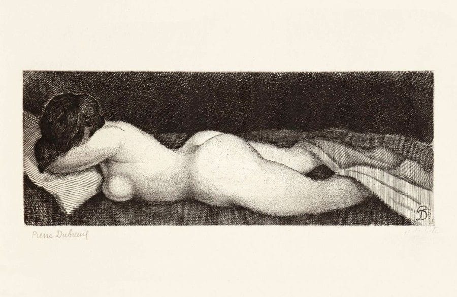 Pierre DUBREUIL (1891-1970)

Nu sur le dos, fond noir: Nu sur le ventre, fond noir. 1962. Eau-forte et burin. 325 x 118. Très belles épreuves sur vergé ancien, signées au crayon et annotées «ep. d'artiste» puis titrées en pied. Toutes marges. Ens. 2 p