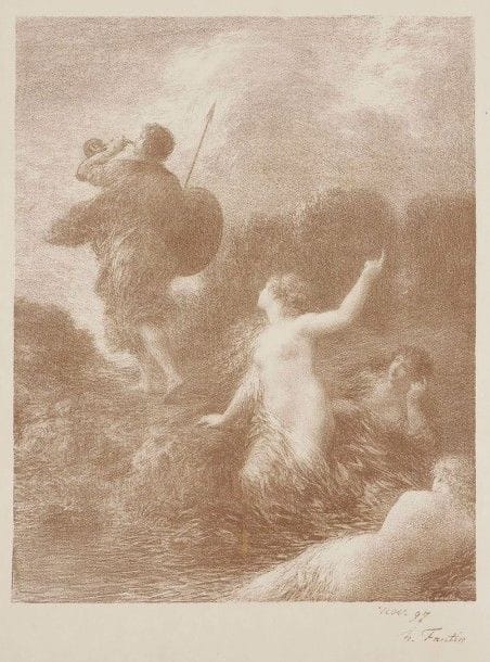 Henri FANTIN-LATOUR (1836-1904)

Siegfried et les Filles du Rhin. 1897. Lithographie. 377x 481. Hédiard-Mason 141. Très belle épreuve tirée en sépia sur simili-japon. Légère oxydation aux bords du feuillet et plusieurs courts plis de manipulation. Toutes marges. A. Vollard éditeur. Ex-coll. H.-M. Petiet