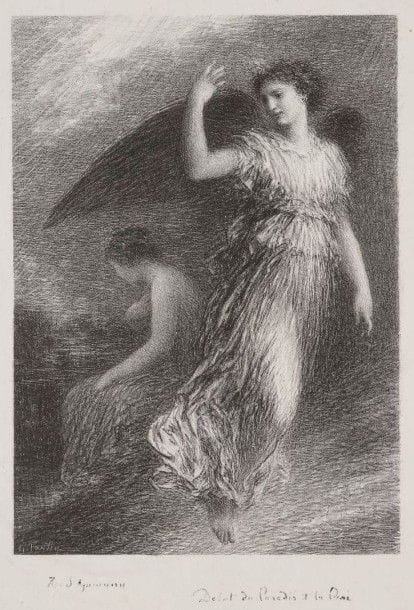Henri FANTIN-LATOUR (1836-1904)

Le Paradis et la Péri, 3e pl. (R. Schumann). 1901. Lithographie. 190 x 280. Hédiard-Mason 157. Très belle et rare épreuve sur chine volant, l'une des 9 du 1er état (sur 2), avant l'effaçage des inscriptions, dédicacée «à Monsieur Clot» et signée au crayon. Toutes marges