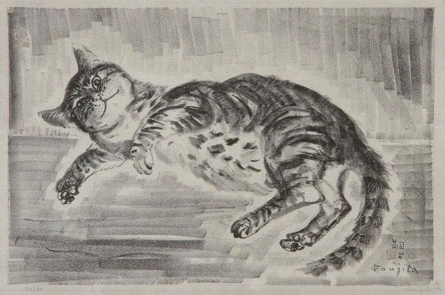 Léonard-Tsuguharu Foujita (1886-1868)

Chat allongé. 1926. Lithographie. 400 x 270. Buisson 26.103. Belle épreuve sur japon mince appliqué sur japon, numérotée et signée au crayon. Marges. Tirage à 60 épreuves. Cadre