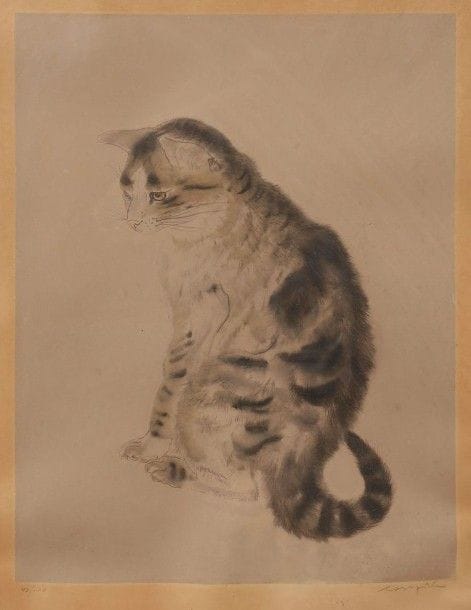 Léonard-Tsuguharu Foujita (1886-1868)

Chat assis. 1929. Pointe sèche et aquatinte. 285 x 375. Buisson 29.06. Bonne épreuve sur vélin, fortement oxydée, numérotée et signée au crayon. Petites rousseurs éparses. Ondulations marginales. Toutes marges. Tirage à 100 épreuves. Cadre