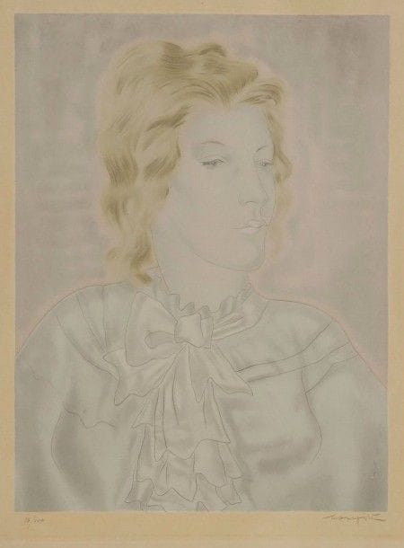 Léonard-Tsuguharu Foujita (1886-1868)

Femme à la cravate rose. Ca. 1930. Eau-forte. 290 x 375. Buisson 30.26. Impression en couleurs. Belle épreuve sur vélin, oxydée, numérotée et signée au crayon. Marges. Tirage à 100 épreuves. Cadre