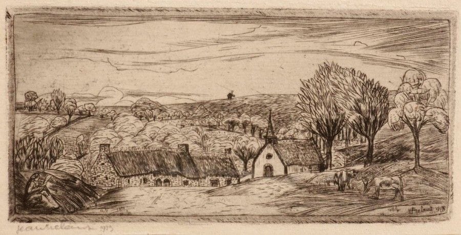 Jean FRÉLAUT (1879-1954)

Sujets bretons; Autoportrait. 1906-1920. Eau-forte; pointe sèche. Formats divers. Belles épreuves sur différents papiers, signées au crayon, 2 dédicacées à Pierre Dubreuil. Petites marges. Ens. 4 p. (dans un seul montage)
