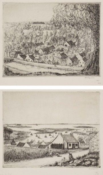 Jean FRÉLAUT (1879-1954)

Vue de Langle, ou La Baie de Séné (près Vannes); Saint-Nicolas-des Eaux. 1927. Pointe sèche. 280 x 220 et 240 x 180. Frélaut 297 et 298. Très belles épreuves sur vergé, signées et numérotées au crayon. Toutes marges. Tirage à 75 et 102 épreuves. Ens. 2 p