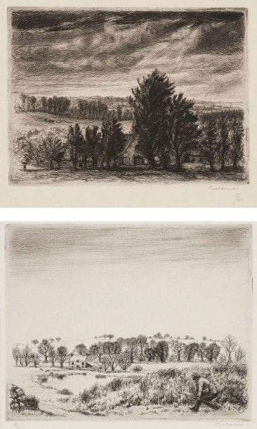 Jean FRÉLAUT (1879-1954)

Temps d'orage; La Chasse au canard. 1927-1928. Eau-forte et pointe sèche. 200 x 145 et 210 x 180. Très belles épreuves sur vergé, signées et numérotées au crayon. Très légère oxydation autour du sujet à la 2e. Toutes marges. Tirage à 60 et 55 épreuves. Ens. 2 p