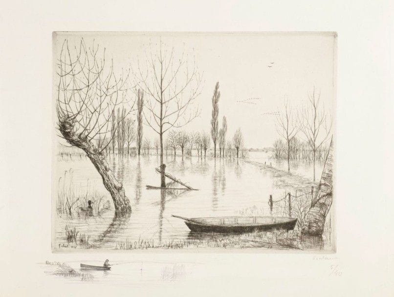 Jean FRÉLAUT (1879-1954)

La Grenouillère. 1937. Eau-forte et pointe sèche. 270 x 208. Très belle épreuve sur vélin crème mince, signée et numérotée au crayon, enrichie d'une remarque (pêcheur en barque) à la mine de plomb en pied. Toutes marges. Tirage à 50 épreuves