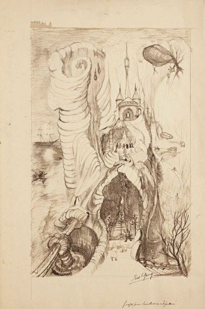 Edouard Goerg (1893-1969)

Sanctuaires et pélerins. 1938. Eau-forte. 245 x 395. I.F.F. 139. Réunion de 2 belles épreuves, du 1er état et de l'état définitif sur vélin, titrées, numérotées et signées au crayon. Empoussiérage et nombreuses rousseurs claires à la 1re. Toutes marges. Tirage définitif à 108 épreuves. Timbre sec: Société des Peintres-Graveurs Français (Lugt 1195a). Joint: 3 importants dessins préparatoires à la plume et à l'encre sépia, 325 x 500, dont un recto-verso et un avec découpe et effet de superposition. Ex-coll. H.-M. Petiet. Ens. 5 p