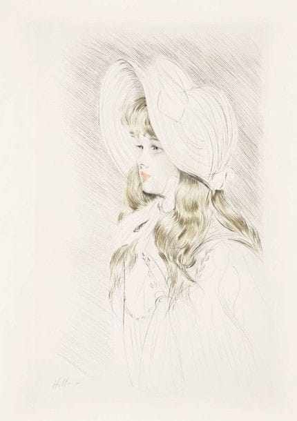 Paul-César HELLEU (1859-1927)

Jeune fille à la Capeline (Ellen Helleu). Vers 1900. Pointe sèche. 337 x 543. Impression en couleurs. Très belle épreuve sur vélin fort, soigneusement lavée, signée à la mine de plomb. Quelques petits accidents aux bords du feuillet. Pli souple horizontal en pied du sujet. Bonnes marges
