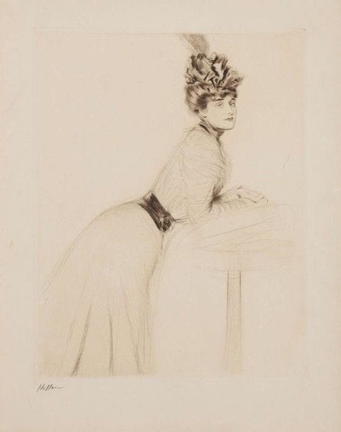 Paul-César HELLEU (1859-1927)

Jeune femme au chapeau à aigrette appuyée sur une console. Vers 1900. Pointe sèche. 335 x 440. Très belle épreuve sur vélin crème fort, signée à la pierre noire. Très légères salissures et traces de plis souples dans les belles marges