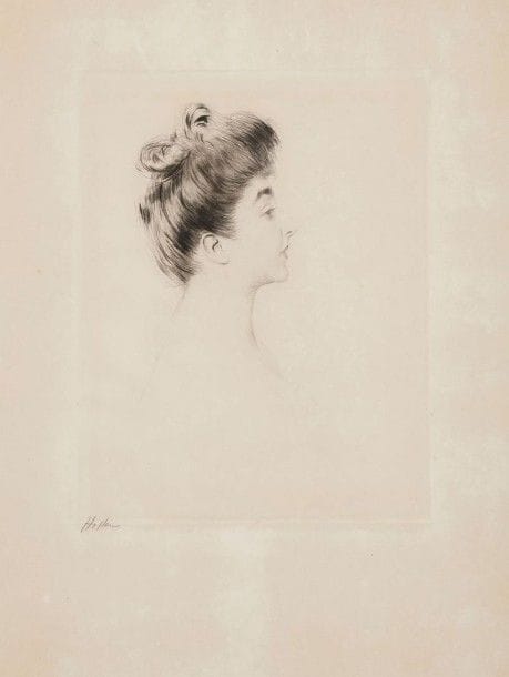 Paul-César HELLEU (1859-1927)

Mademoiselle Lemaire. Vers 1900. Pointe sèche. 230 x 300. Très belle épreuve sur vélin crème fort, signée au crayon. Légère oxydation générale du feuillet. Toutes marges