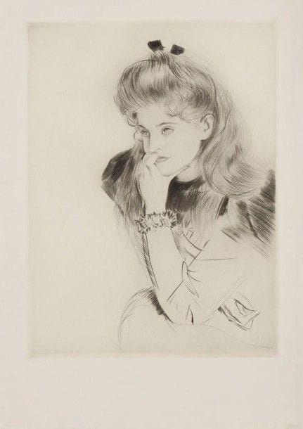 Paul-César HELLEU (1859-1927)

Jeune fille pensive. Vers 1900. Pointe sèche. 280 x 375. Superbe épreuve sur vélin blanc. Toutes marges. Ex-coll. H-M. Petiet