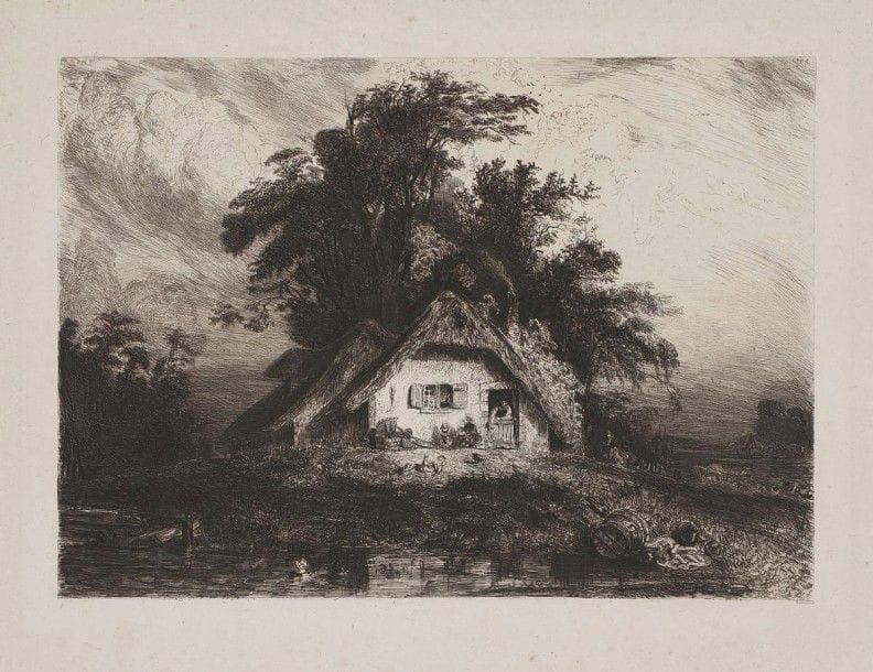 Paul HUET (1803-1869)

Les Deux chaumières. 1833. Eau-forte. 365 x 290. Delteil 10. Très belle épreuve sur chine appliqué, timbrée. Rousseurs claires éparses. Petites traces de colle dans les angles du support. Toutes marges