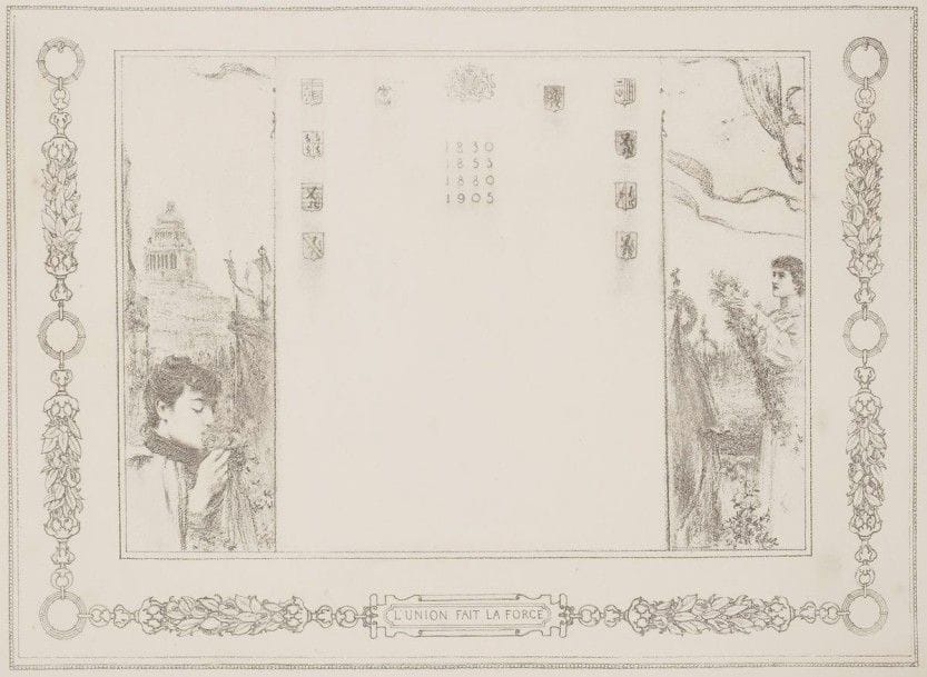Fernand Khnopff (1858-1921)

L'Union fait la force. (Pl. pour le Recueil jubilaire de la Révolution belge). 1905. Lithographie. 450 x 330. Très belle épreuve sur vélin. Léger empoussiérage et quelques salissures. Courts plis cassés dans les angles inférieurs droits. Toutes marges